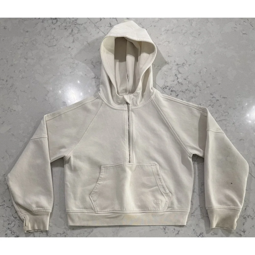 GAP Kids Hoodie Girls XXL 14-16 Ivory Half Zip Fleece Hooded Sweatshirt